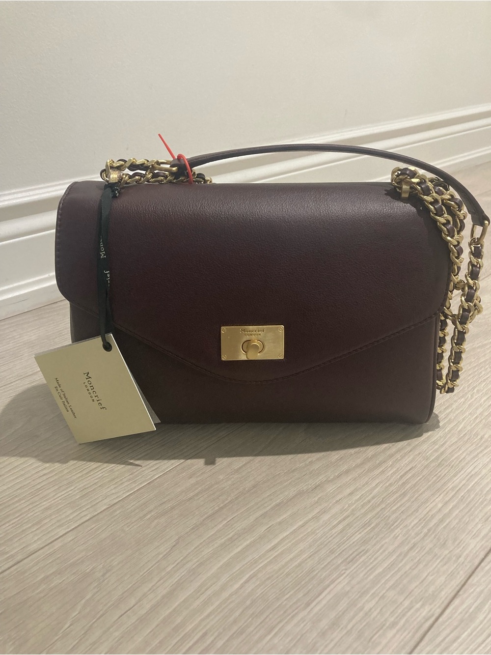 Moncrief London Cat Deep Burgundy Leather Shoulder Bag with Gold Chain